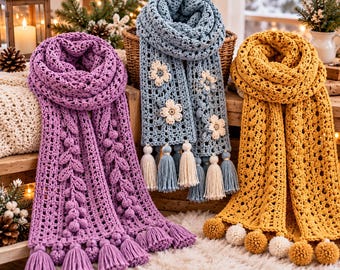 May include: Three crocheted scarves in purple, blue, and yellow. The purple scarf features leaf and berry motifs, the blue scarf has white floral appliqués, and the yellow scarf has pom-pom accents. Each scarf is finished with decorative tassels.