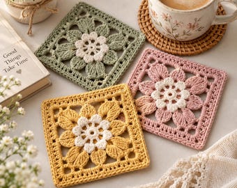 May include: Three square crochet coasters in sage green, dusty pink, and mustard yellow. Each coaster features a central white flower motif with eight petals surrounded by a square border. The coasters are arranged on a flat surface near a mug.