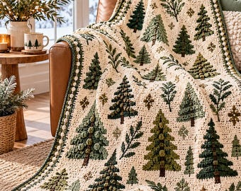 May include: A cream-colored crochet blanket featuring a repeating pattern of dark green and olive pine trees, small sprigs, and star-like accents. The blanket has a decorative border with a textured bobble stitch edge in green and white.