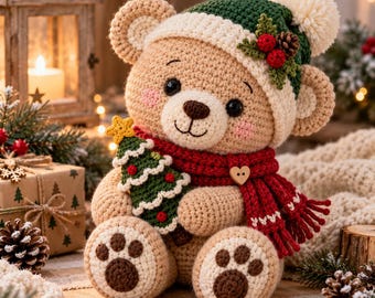 May include: A crocheted tan teddy bear wearing a dark green hat with a cream pom-pom, red berries, and a pinecone. The bear has a red scarf with a small wooden heart button and holds a small green crocheted Christmas tree with a yellow star.