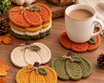 Puede incluir: Un juego de posavasos de ganchillo con forma de calabaza en colores naranja, amarillo, crema y verde. Cada posavasos presenta una textura de calabaza con un tallo marrón, una hoja verde y un lazo de cuerda. Una taza blanca descansa sobre uno de ellos.