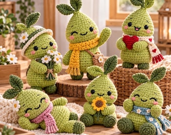 May include: A collection of six green crochet plush figures with leaf-shaped tops and smiling faces. Each figure features unique accessories including a daisy bouquet, a yellow scarf, a red heart, a pink scarf, a sunflower, and a blue floral scarf.