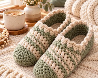 Sage Green & Cream Crochet Slippers Pattern PDF, Cozy Handmade House Shoes, Textured Crochet Slippers, DIY Indoor Footwear, Gift for Her