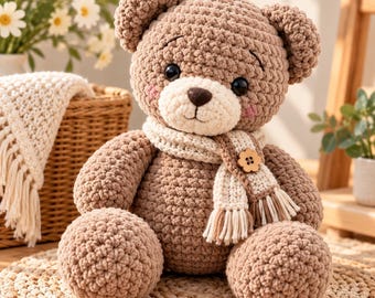 May include: A brown crocheted teddy bear with a cream-colored muzzle, black plastic eyes, and pink embroidered cheeks. The bear wears a cream and brown striped crocheted scarf featuring a small, four-hole wooden flower-shaped button.