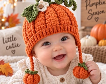 May include: A bright orange crochet pumpkin hat featuring a ribbed texture, a green stem, curly vines, and a small white flower with a brown center. Two long braided earflaps hang down, each finished with a small stuffed orange pumpkin charm.