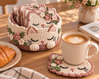 Crochet Cat Basket & Coaster Set Pattern PDF, Floral Home Decor, Cat Lover Gift