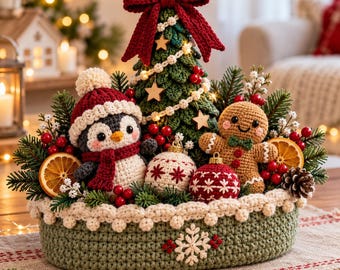Cozy Christmas Crochet Centerpiece Pattern – Basket, Tree, Penguin, Gingerbread (PDF)