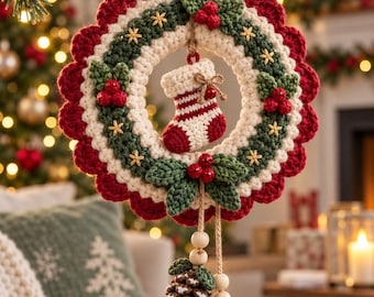 May include: A round crocheted Christmas wreath ornament featuring a red scalloped border, a green inner ring with embroidered yellow stars, and red berry clusters. A small crocheted stocking hangs in the center, with two dangling pinecones.
