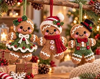 May include: Three crocheted gingerbread ornaments hanging from a branch. The left one wears a green dress with a white bow. The middle one wears a red and white striped hat and scarf. The right one wears a black top hat and green overalls.