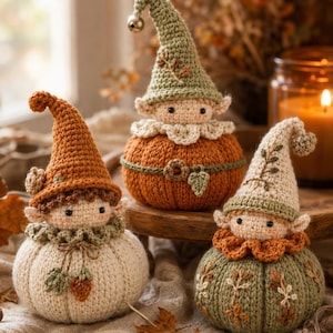 May include: Three crocheted figures shaped like pumpkins with pointed hats and elf-like faces. The left figure is cream with an orange hat, the center is orange with a green hat, and the right is green with a cream hat, all featuring embroidered details.