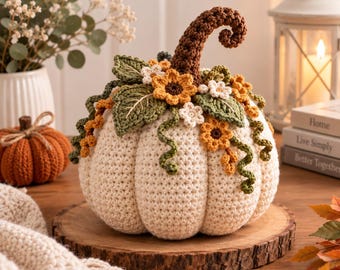 Puede incluir: Una calabaza de ganchillo color crema con un tallo rizado marrón oscuro, adornada con hojas verdes, pequeñas flores blancas y girasoles amarillo dorado tejidos. La calabaza presenta una textura de costillas verticales sobre una base de madera.