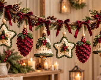 May include: A garland of six crocheted Christmas ornaments hanging from a wooden branch. The ornaments include cream-colored stars, deep red pinecones, and cream-colored bells, all accented with green leaves, red berries, and dark red bows.