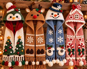 Christmas Crochet Hooded Scarf Pattern PDF – 4 Festive Designs: Penguin, Reindeer, Snowman & Gingerbread House