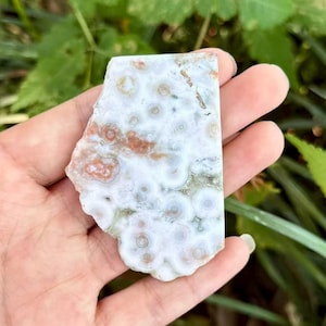 Losa de jaspe oceánico de stock antiguo, lámina de cristal orbicular de Madagascar, placa mineral curativa / 20 g /