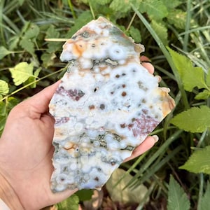 Losa de jaspe oceánico de stock antiguo, lámina de cristal orbicular de Madagascar, placa mineral curativa / 174,2 g /