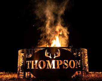 Personalized Deer Scene Fire Pit Ring: Heavy Duty Steel, Custom Name Fire Pit Ring, Unique Christmas Gift Idea, Home Metal Decor
