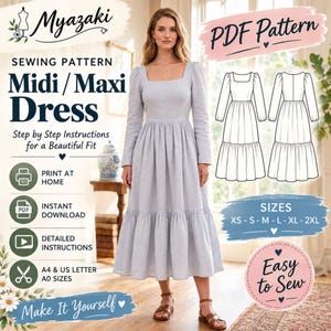 May include: A light blue midi or maxi dress with long sleeves, a square neckline, and a tiered skirt. The image includes text: Myazaki, Sewing Pattern, Midi/Maxi Dress, Step by Step Instructions, Print at Home, Instant Download, Detailed Instructions, A4 & US Letter A0 Sizes, Make It Yourself, PDF Pattern, Sizes XS-S-M-L-XL-2XL, and Easy to Sew.