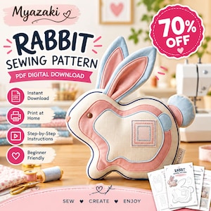 May include: A plush rabbit toy featuring cream, pink, and light blue fabric panels with a brown eye. The text reads Myazaki Rabbit Sewing Pattern PDF Digital Download, Instant Download, Print at Home, Step-by-Step Instructions, Beginner Friendly.