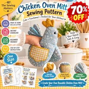 Chicken Pot Holder Sewing Pattern PDF, Chicken Oven Mitt Pattern, Farmhouse Kitchen Potholder, Quilted Hot Pad, 13 Sizes, Instant Download