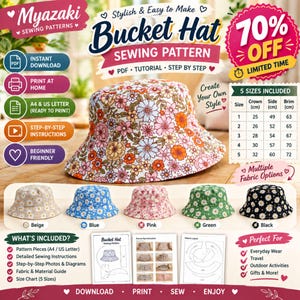 May include: A digital sewing pattern for a bucket hat featuring a floral print. The image displays a central hat with orange, pink, and white flowers, a size chart in centimeters, and five additional hat variations in beige, blue, pink, green, and black.