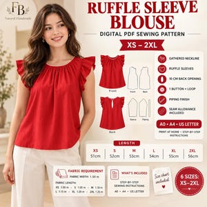 Ruffle Sleeve Blouse Sewing Pattern PDF, Thanks giving sewing product, Gathered Neck Top, Piped Neckline, XS–2XL