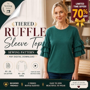 Puede incluir: Una blusa de color verde oscuro con mangas de tres niveles de volantes y cuello redondo. La imagen incluye el texto: TIERED RUFFLE SLEEVE TOP, SEWING PATTERN, PDF DIGITAL DOWNLOAD, A0, A4, US LETTER, XS-2XL SIZES, STEP-BY-STEP INSTRUCTIONS.