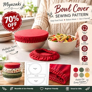 May include: A digital sewing pattern for bowl covers titled Myazaki Bowl Cover Sewing Pattern. The image displays red fabric covers on bowls, a technical line drawing of the pattern pieces, and a close-up of the elasticized fabric edge.