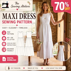 Può includere: Un cartamodello digitale per un abito lungo bianco senza maniche con gonna a balze. La grafica include il testo The Sewing Ateliers, Maxi Dress Sewing Pattern, PDF Pattern, A0, A4, US Letter e istruzioni passo dopo passo.