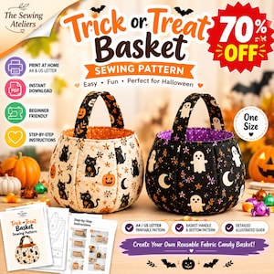 Peut inclure: Un patron de couture numérique pour un panier de collecte de bonbons Trick or Treat avec deux paniers en tissu. L'un est crème avec des chats noirs et des citrouilles orange, l'autre est noir avec des fantômes, lunes et étoiles blancs.