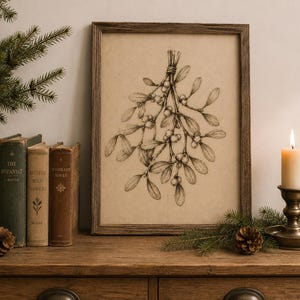 Könnte beinhalten: Ein gerahmter Wandkunstdruck mit einer botanischen Illustration in schwarzer Tinte, die einen Mistelzweig auf hellbraunem Hintergrund zeigt. Der rechteckige Rahmen besteht aus dunkelbraunem Holz mit sichtbarer Maserung und umschließt die Skizze.