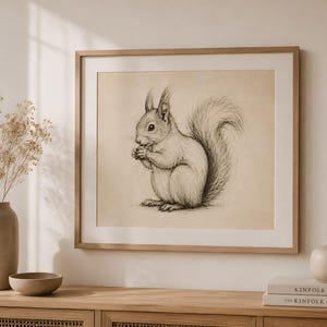 May include: A framed wall art print featuring a detailed charcoal-style sketch of a squirrel holding a nut. The artwork is presented in a light-toned wooden frame with a white mat, showcasing the animal's textured fur and bushy tail in black ink.