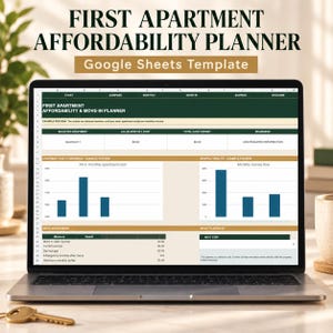Può includere: Uno schermo di un portatile che mostra il modello Google Sheets First Apartment Affordability Planner. L'interfaccia presenta intestazioni verde scuro, tabelle di dati per i costi e due grafici a barre blu per il flusso di cassa.