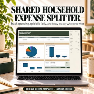 Puede incluir: Una pantalla de portátil que muestra una plantilla de Google Sheets para dividir gastos domésticos compartidos. La interfaz incluye un panel con un gráfico circular, gráficos de barras y tablas para realizar el seguimiento de los gastos.