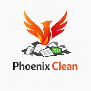 May include: A logo featuring a stylized orange and red phoenix rising from a pile of scattered white papers and a green spreadsheet icon. The text Phoenix Clean is printed below in dark gray and orange sans-serif font on a white background.