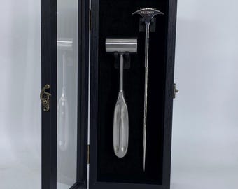 Lobotomy Orbitoclast & Hammer Surgical Medical Tools Shadowbox with REMOVEABLE tools stamped version .