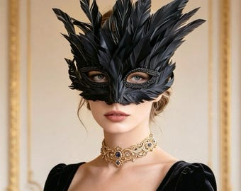 Black Feather Masquerade Mask, Raven Halloween Costume Eye Mask for Carnival  goth Cosplay