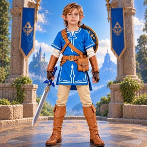 Handgemaakt Link kinderkostuum, blauwe fantasieheldentuniek, Zelda cosplay outfit