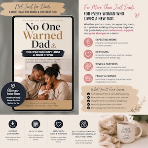 May include: A digital book cover titled No One Warned Dad, featuring a photo of a couple holding a baby. The text includes Postpartum Isn't Just a Mom Thing and A Survival Guide for New Fathers and the Women Who Love Them. Includes lists for moms, partners, and families.