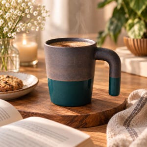May include: A ceramic mug featuring a two-tone design with a matte dark grey upper section and a glossy teal lower section. The mug has a thick, curved handle that matches the teal colour at the bottom and is filled with a hot beverage.