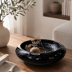 Black Ceramic Decorative Bowl Set – Glossy Coffee Table Decor Bowls, Handmade Stackable Bowl & Set (2 or 4)