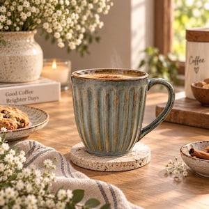 Reactive Glaze Stoneware Mug, Handmade Ribbed Pottery Coffee Cup, Rustic Farmhouse Mug, 330ml
