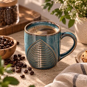 May include: A ceramic mug with a glossy blue glaze and a textured, embossed leaf-like pattern on the front. The mug features a rounded handle and is filled with dark coffee. The rim and base show subtle brown tones, highlighting the handcrafted finish.