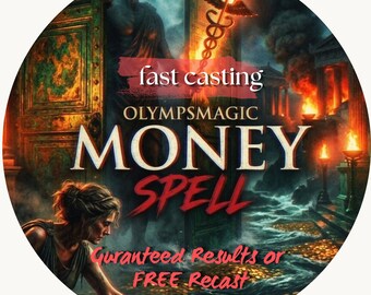 May include: A circular graphic featuring a person reaching toward a river of gold coins. Text reads: fast casting OLYMPSMAGIC MONEY SPELL. Below, red text states: Guranteed Results or FREE Recast. The background shows a burning temple.
