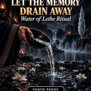 May include: A dark-themed digital graphic featuring the text UNDERWORLD WORKING PERFORMED FOR YOUR NAME, LET THE MEMORY DRAIN AWAY, Water of Lethe Ritual, PHOTO PROOF, and RECAST FREE IF NOTHING MOVES. It shows water pouring from a bowl into a dark pool.