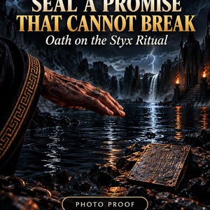 May include: A digital graphic featuring the text UNDERWORLD WORKING PERFORMED FOR YOUR NAME, SEAL A PROMISE THAT CANNOT BREAK, Oath on the Styx Ritual, PHOTO PROOF, and RECAST FREE IF NOTHING MOVES. A hand reaches towards dark water near a stone tablet.