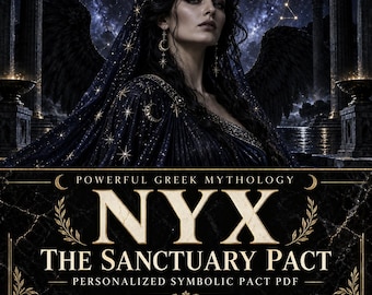 May include: A digital graphic featuring a dark-haired figure with black wings against a starry night sky, with text reading: POWERFUL GREEK MYTHOLOGY NYX THE SANCTUARY PACT PERSONALIZED SYMBOLIC PACT PDF OLYMPSMAGIC on a black marble-textured background.