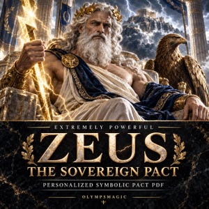 Könnte beinhalten: Eine digitale Grafik mit einer bärtigen Figur mit goldenem Lorbeerkranz, die einen leuchtenden Blitz hält und neben einem Adler auf einem Thron sitzt. Der Text lautet: EXTREMELY POWERFUL ZEUS THE SOVEREIGN PACT PERSONALIZED SYMBOLIC PACT PDF OLYMSMAGIC.