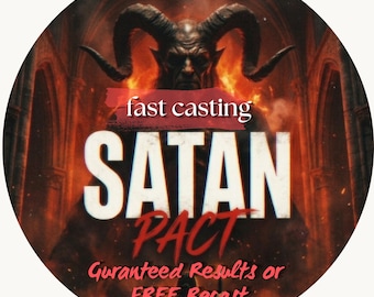 May include: A circular graphic featuring a horned figure against a fiery, dark architectural background. Text reads OLYMPSMAGIC, fast casting, SATAN PACT, and Guranteed Results or FREE Recast in white and red lettering over the central image.