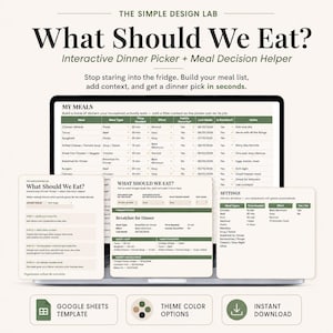 May include: A digital meal planning tool titled What Should We Eat? displayed on a laptop screen and smaller floating windows. The interface features tables for meal tracking, settings, and a dinner picker with olive green and cream color accents.