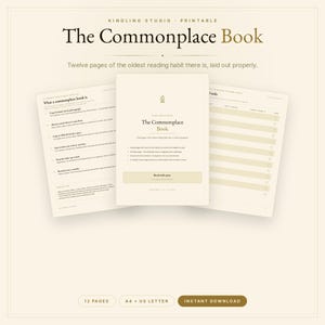 Può includere: Un set stampabile Commonplace Book composto da dodici pagine su sfondo color crema con testo scuro. La pagina centrale mostra il titolo The Commonplace Book, mentre le pagine laterali presentano istruzioni di lettura e liste.